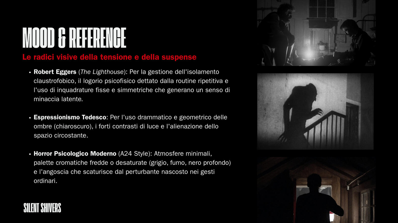 Visual Moodboard & Cinematic References Slide delle reference visive con l'immagine di una sagoma scura in una stanza di legno