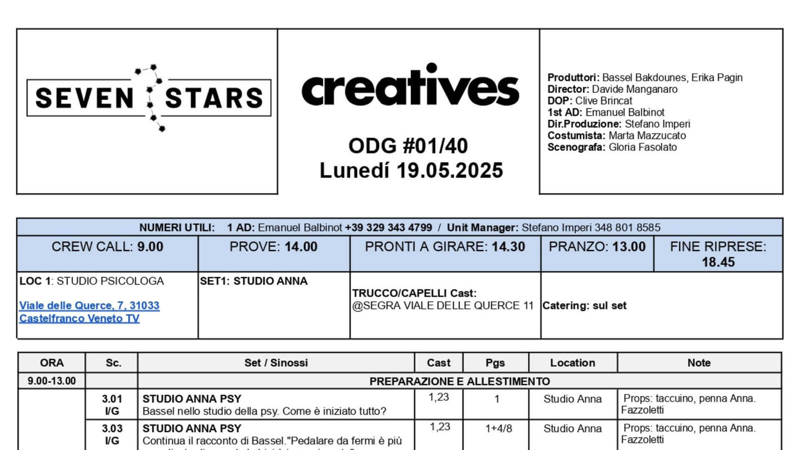 Call Sheet #01 — Production Coordination rimo Ordine del Giorno di produzione per la serie Creatives