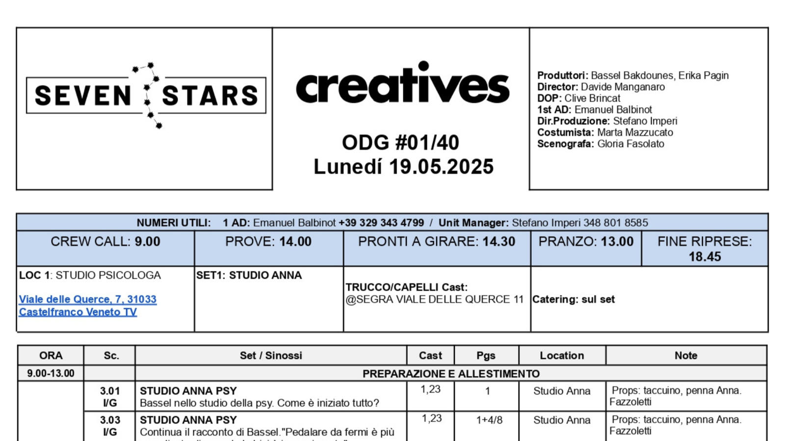Call Sheet #01 — Production Coordination rimo Ordine del Giorno di produzione per la serie Creatives