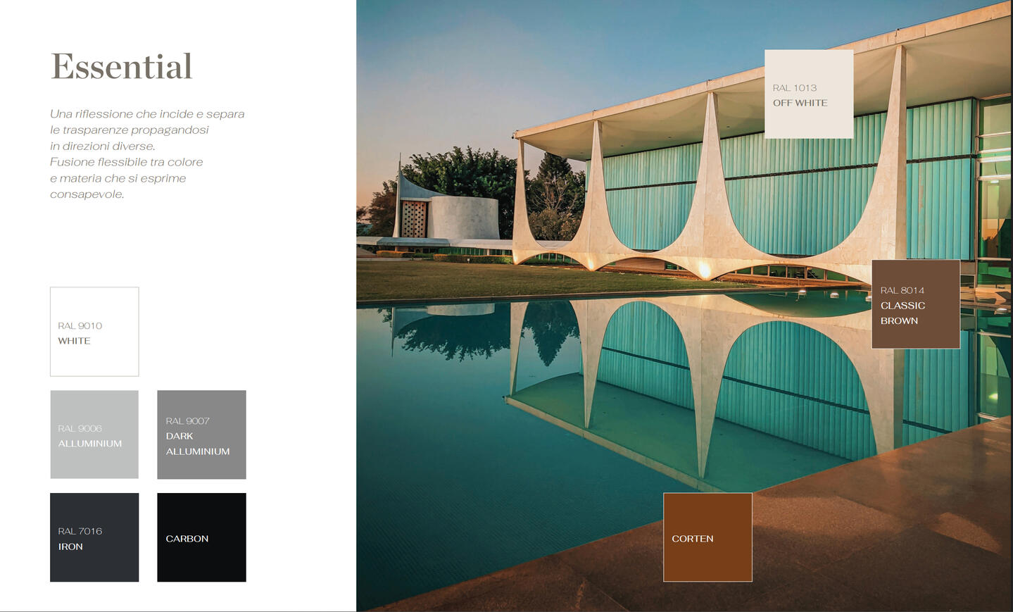 KE Outdoor — Color Palette Brochure Preview | Jessica Lima Anteprima del depliant KE Outdoor con l'architettura moderna e la palette cromatica Essential